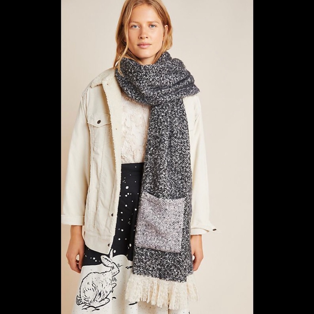 Anthropologie Black and Cream Knit Fringe Scarf